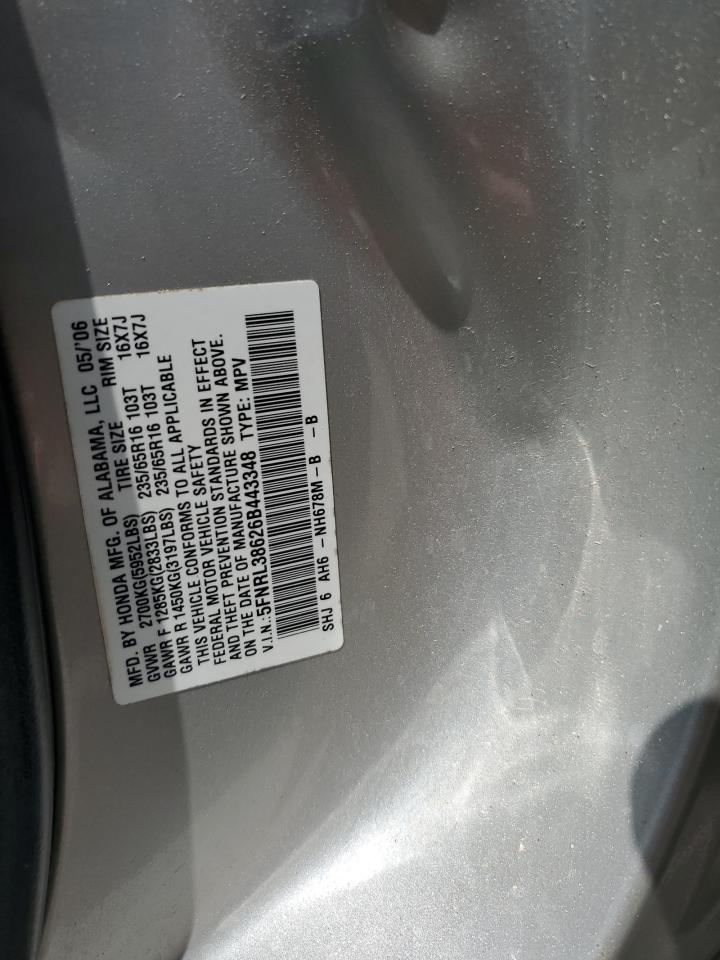 2006 Honda Odyssey Exl VIN: 5FNRL38626B443348 Lot: 56532985