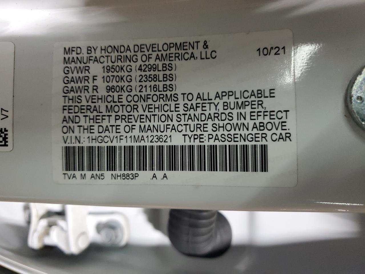 2021 Honda Accord Lx VIN: 1HGCV1F11MA123621 Lot: 58054335