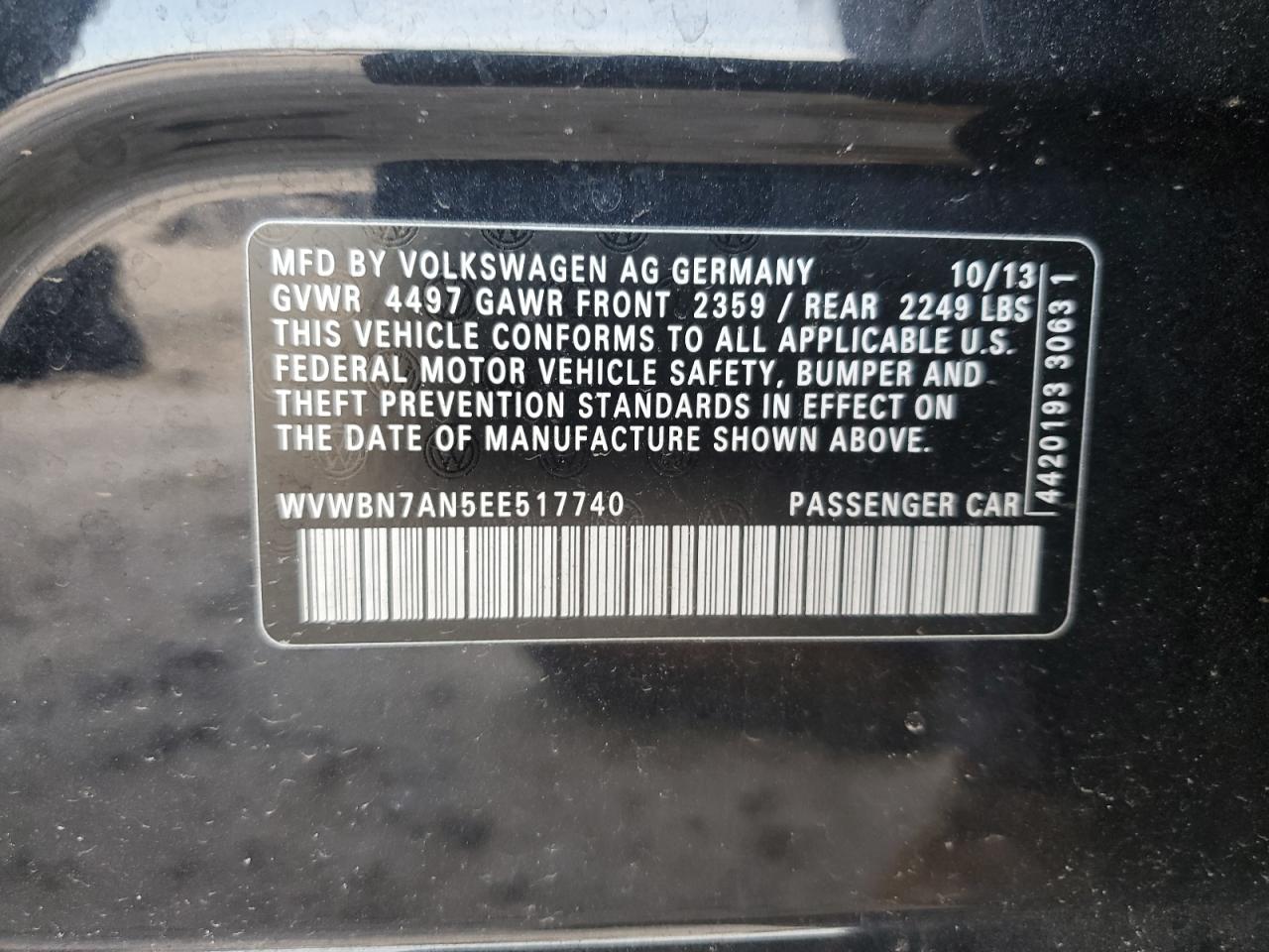 2014 Volkswagen Cc Sport VIN: WVWBN7AN5EE517740 Lot: 55872735
