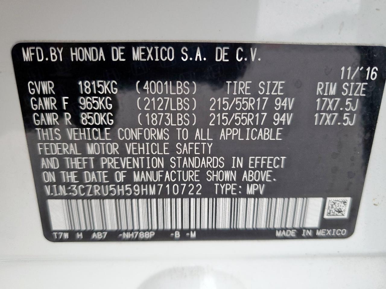 2017 Honda Hr-V Ex VIN: 3CZRU5H59HM710722 Lot: 57319885