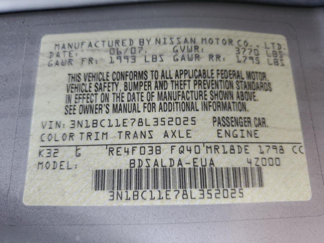 2008 Nissan Versa S VIN: 3N1BC11E78L352025 Lot: 55685495