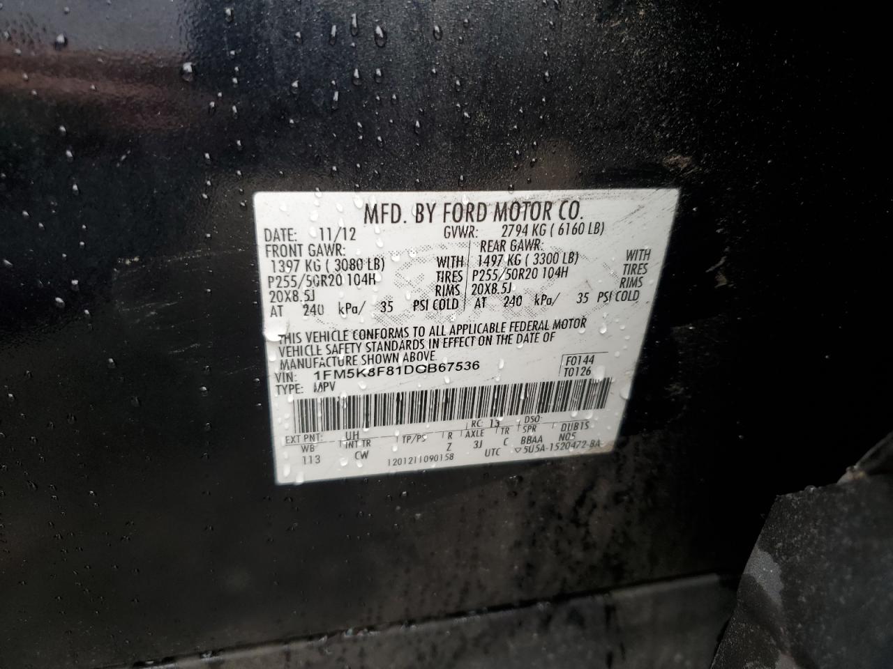 2013 Ford Explorer Limited VIN: 1FM5K8F81DGB67536 Lot: 58332925