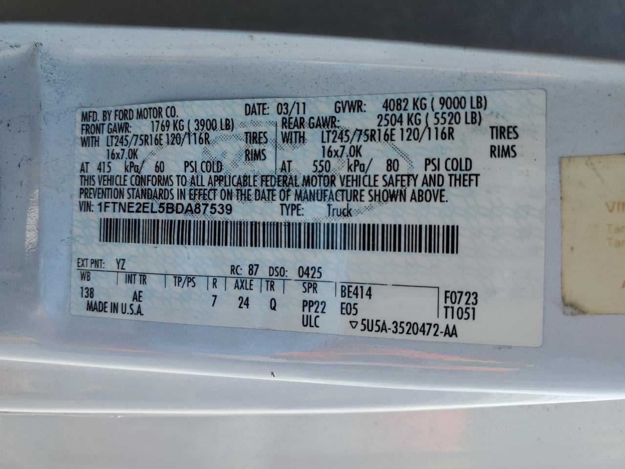 2011 Ford Econoline E250 Van VIN: 1FTNE2EL5BDA87539 Lot: 58527465