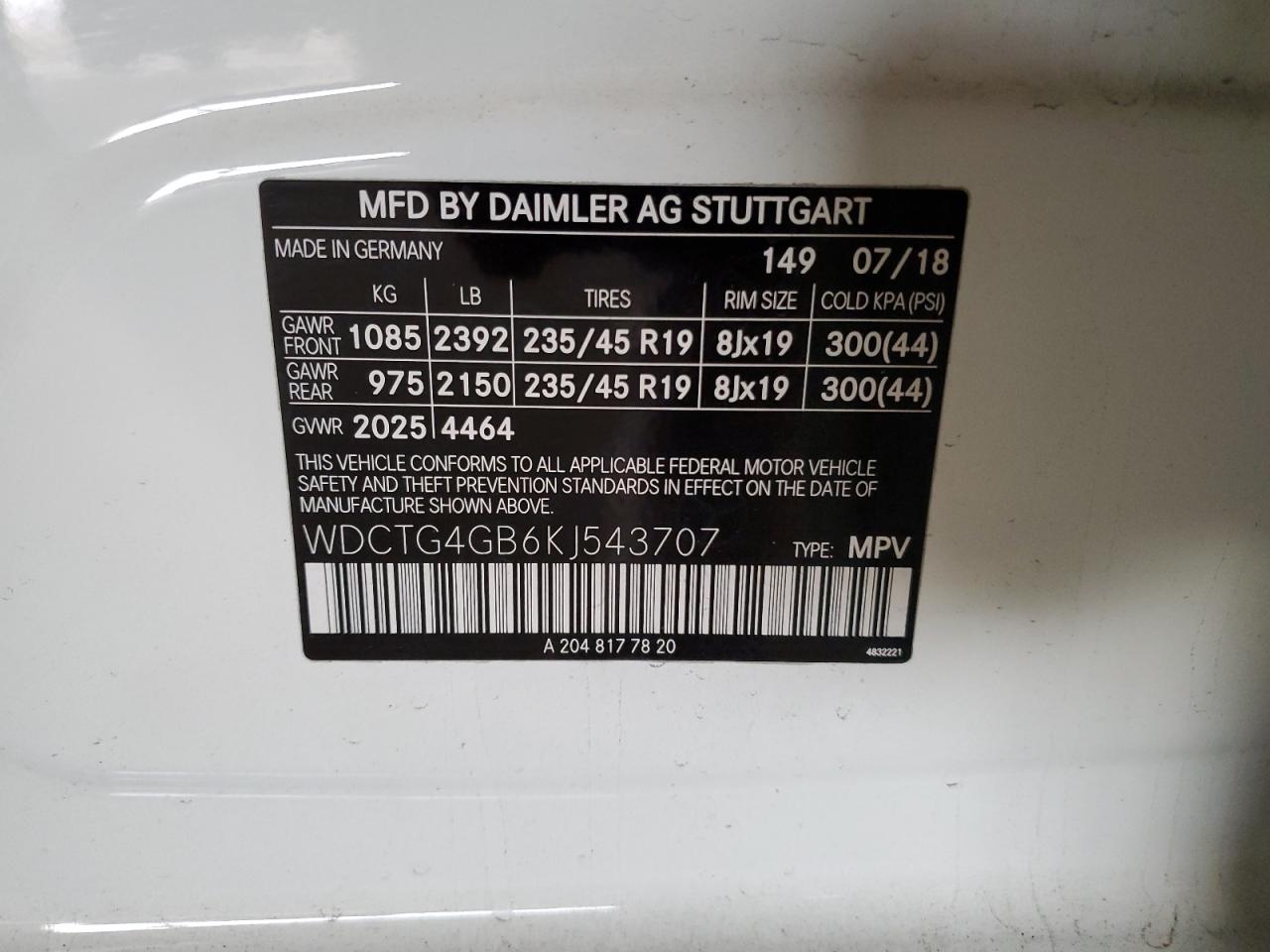 2019 Mercedes-Benz Gla 250 4Matic VIN: WDCTG4GB6KJ543707 Lot: 55489565