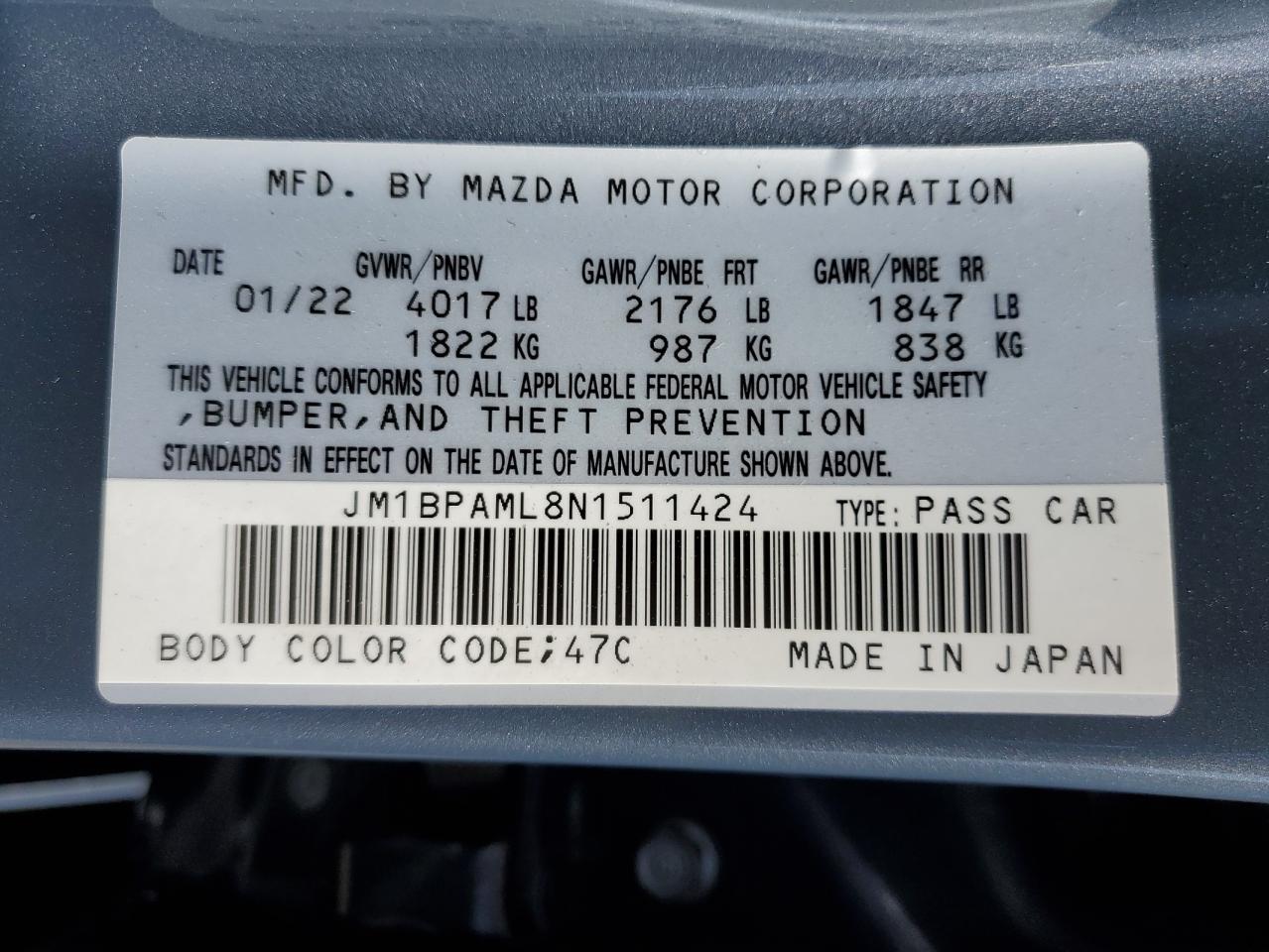 2022 Mazda 3 Premium VIN: JM1BPAML8N1511424 Lot: 57108135