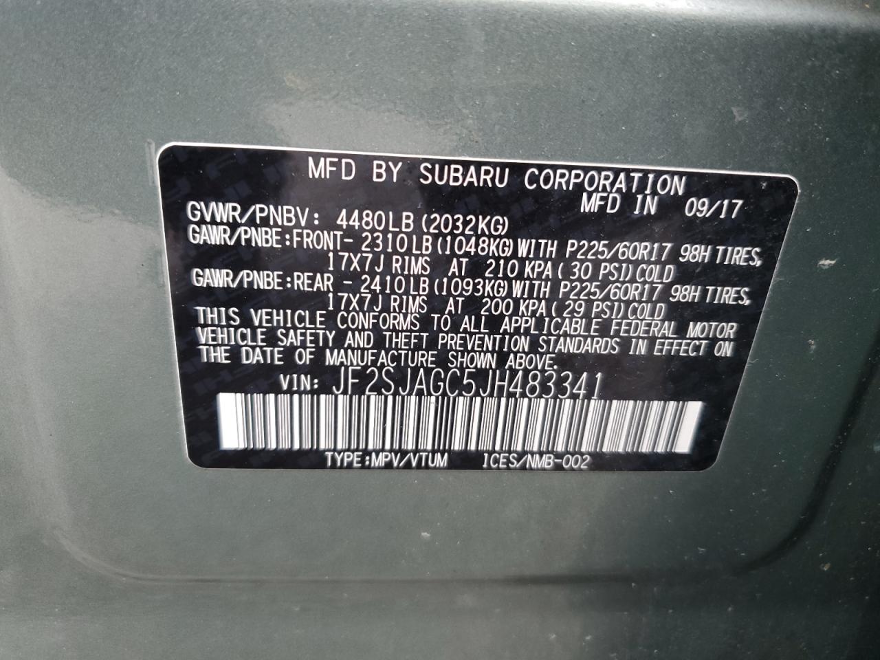 2018 Subaru Forester 2.5I Premium VIN: JF2SJAGC5JH483341 Lot: 54016495