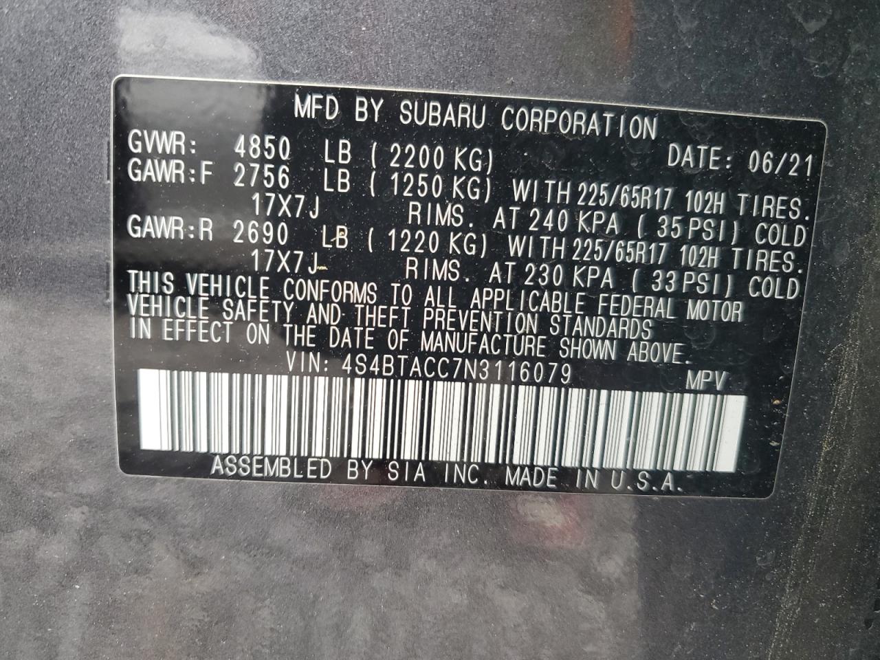2022 Subaru Outback Premium VIN: 4S4BTACC7N3116079 Lot: 55266985