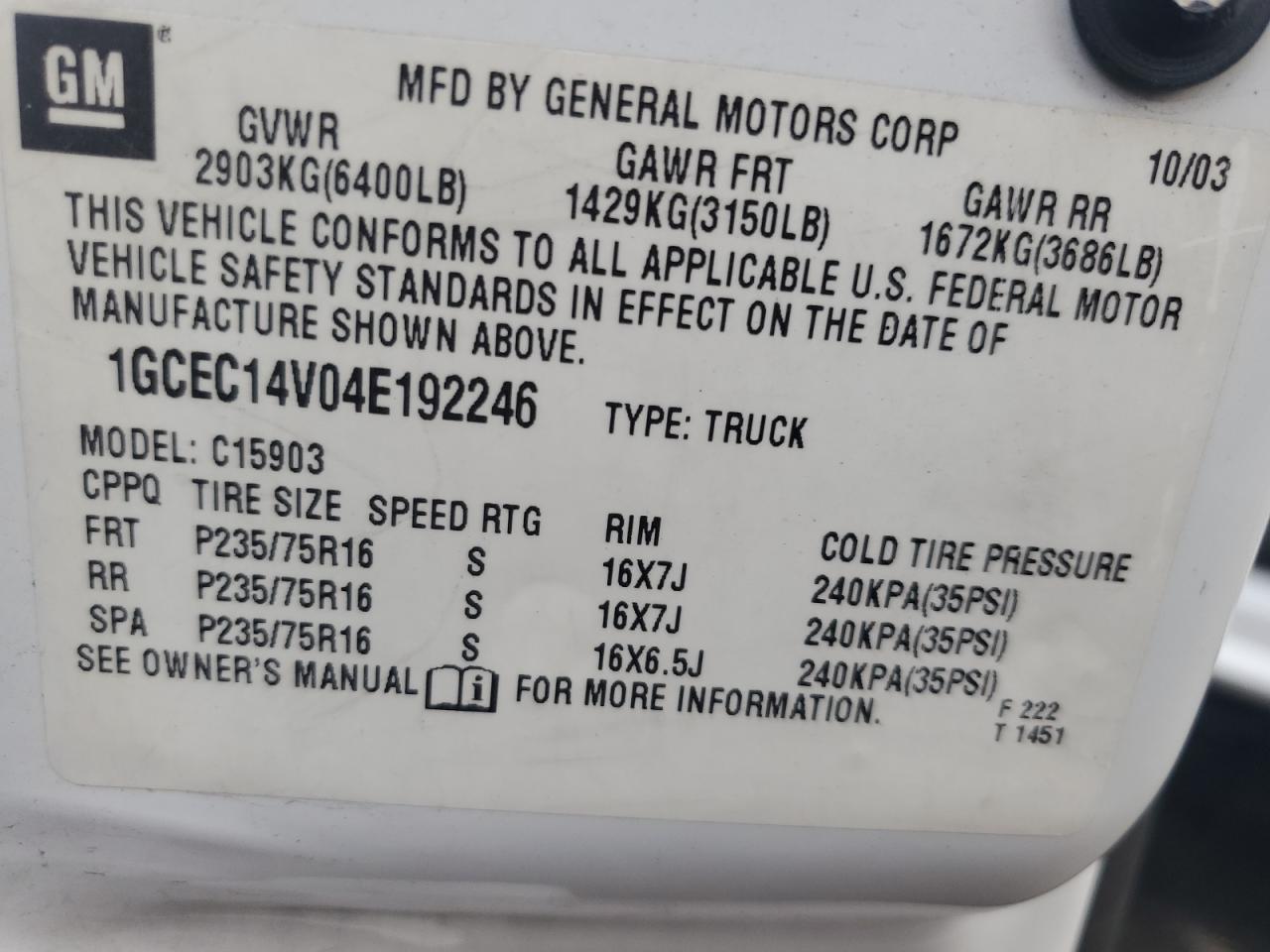2004 Chevrolet Silverado C1500 VIN: 1GCEC14V04E192246 Lot: 55537025
