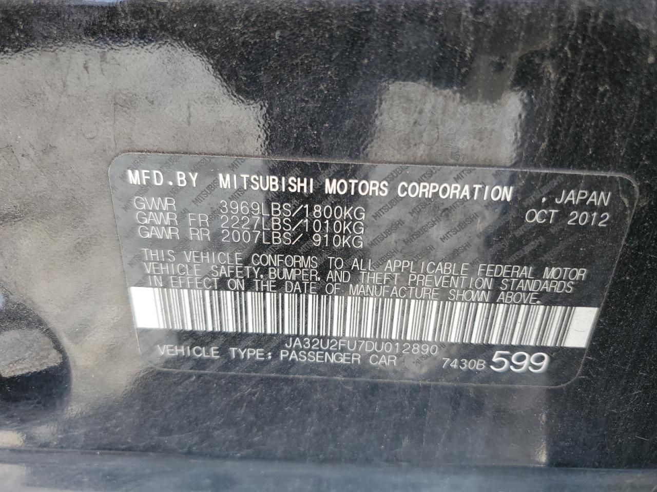 2013 Mitsubishi Lancer Es/Es Sport VIN: JA32U2FU7DU012890 Lot: 56996855