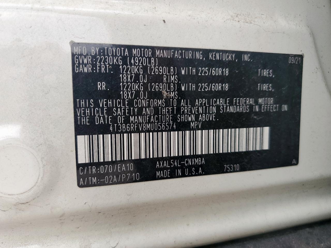 2021 Toyota Rav4 Xle Premium VIN: 4T3B6RFV8MU056574 Lot: 56977735