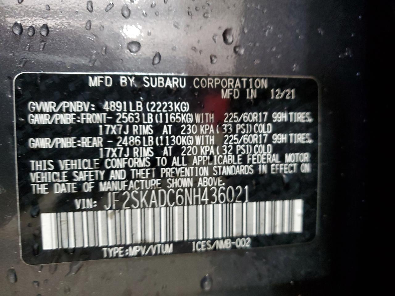 2022 Subaru Forester Premium VIN: JF2SKADC6NH436021 Lot: 54668505