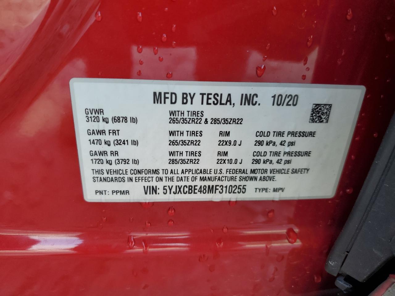 2021 Tesla Model X VIN: 5YJXCBE48MF310255 Lot: 58921115