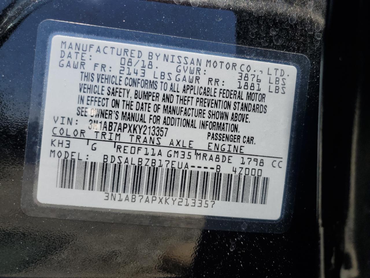 2019 Nissan Sentra S VIN: 3N1AB7APXKY213357 Lot: 57336525