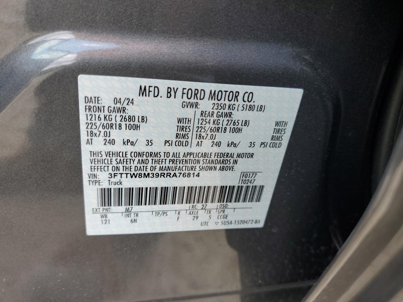 2024 Ford Maverick Lariat VIN: 3FTTW8M39RRA76814 Lot: 57141005