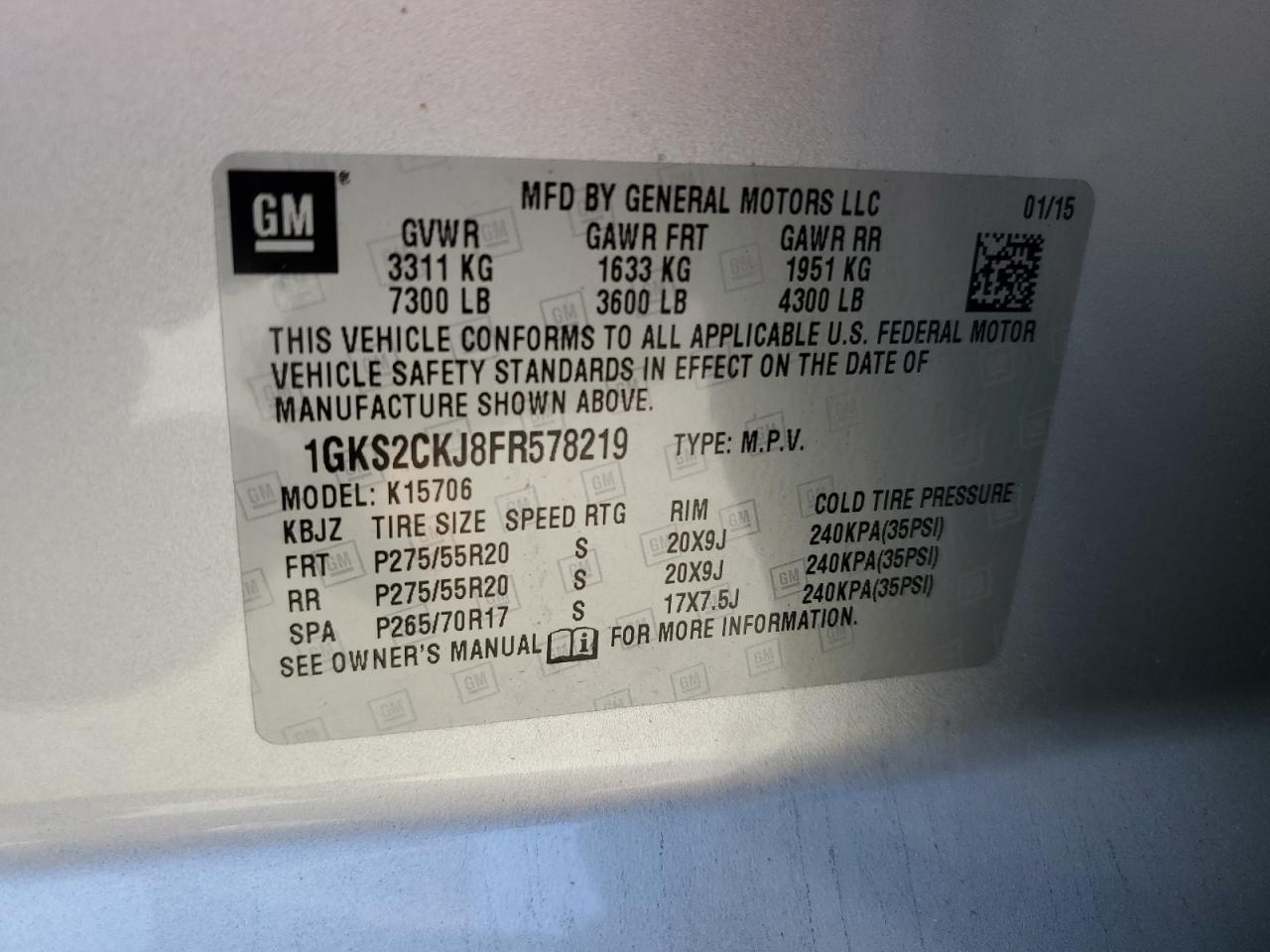 2015 GMC Yukon Denali VIN: 1GKS2CKJ8FR578219 Lot: 56685835