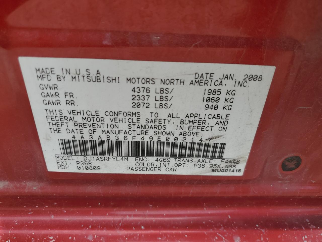 2009 Mitsubishi Galant Es VIN: 4A3AB36F49E002147 Lot: 57079135