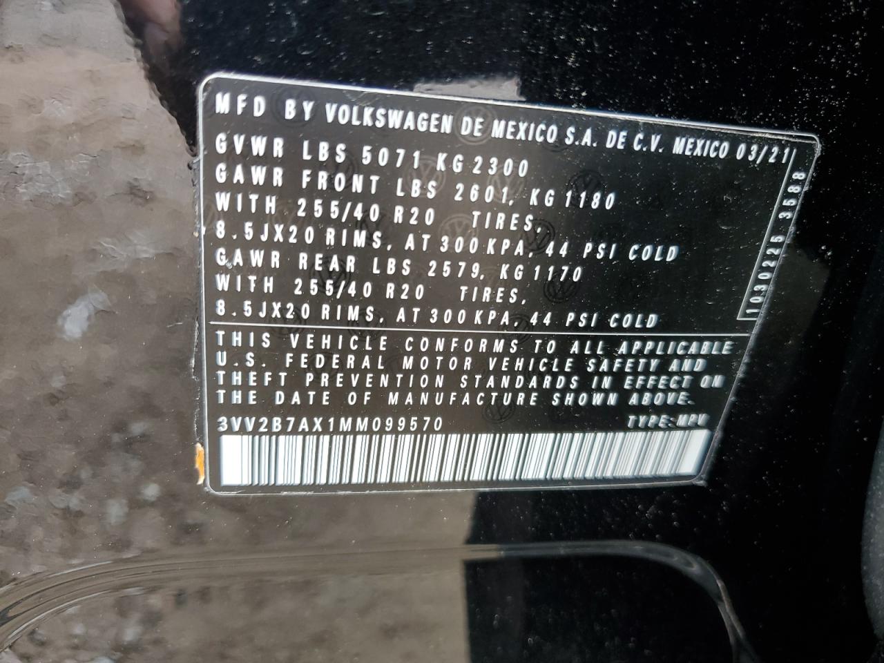 2021 Volkswagen Tiguan Se VIN: 3VV2B7AX1MM099570 Lot: 58318605