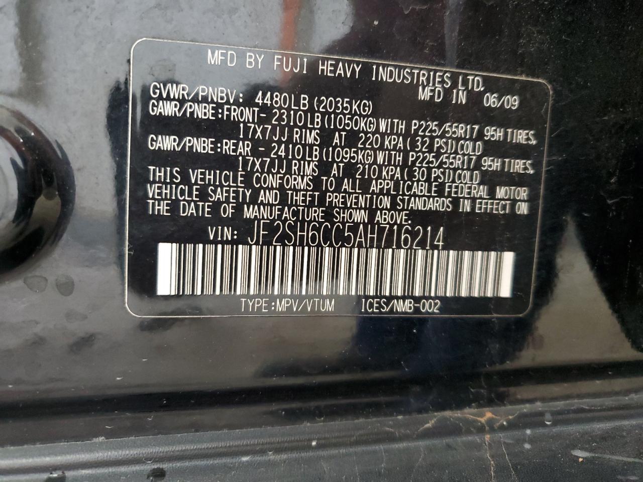 2010 Subaru Forester 2.5X Premium VIN: JF2SH6CC5AH716214 Lot: 55617865