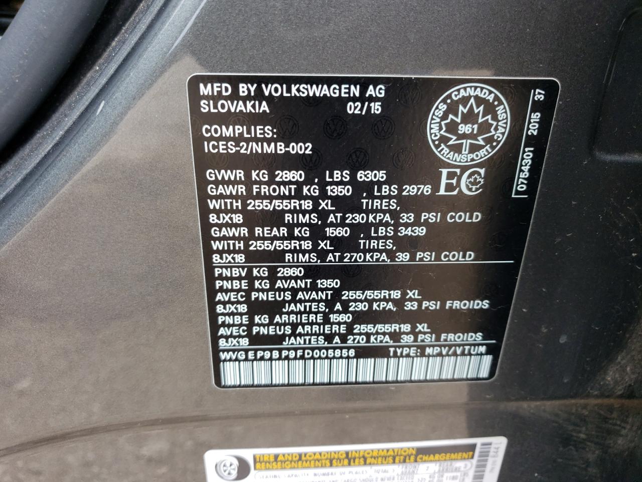 2015 Volkswagen Touareg V6 Tdi VIN: WVGEP9BP9FD005856 Lot: 55834415