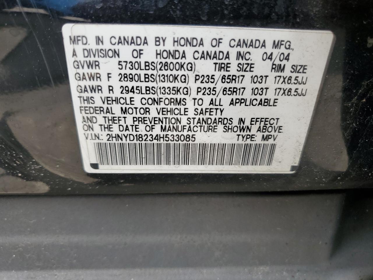 2004 Acura Mdx VIN: 2HNYD18234H533085 Lot: 55647895