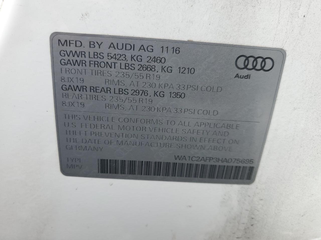 2017 Audi Q5 Premium VIN: WA1C2AFP3HA075695 Lot: 57144005