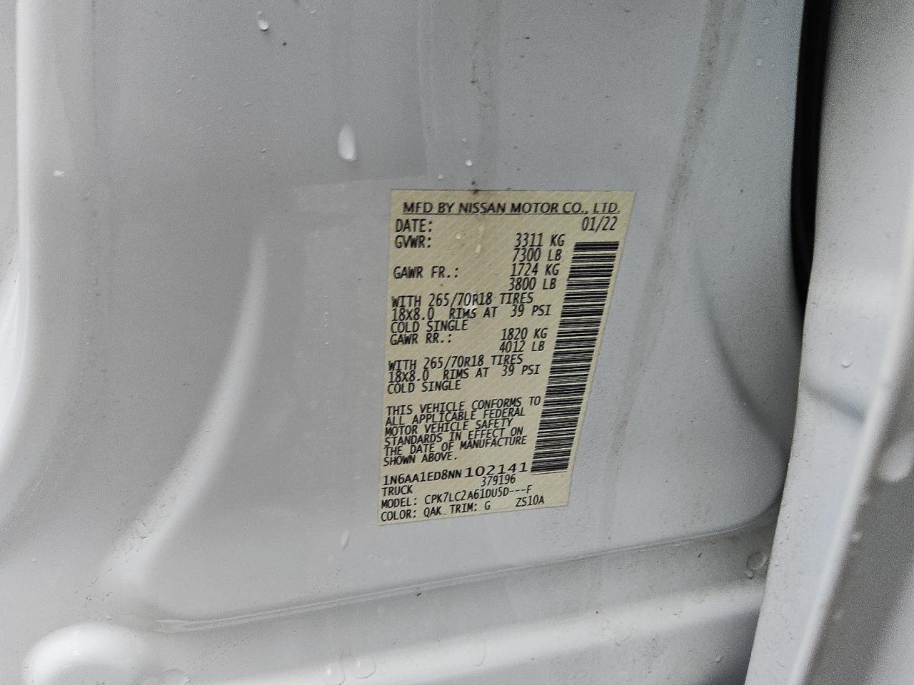2022 Nissan Titan Sv VIN: 1N6AA1ED8NN102141 Lot: 56734745