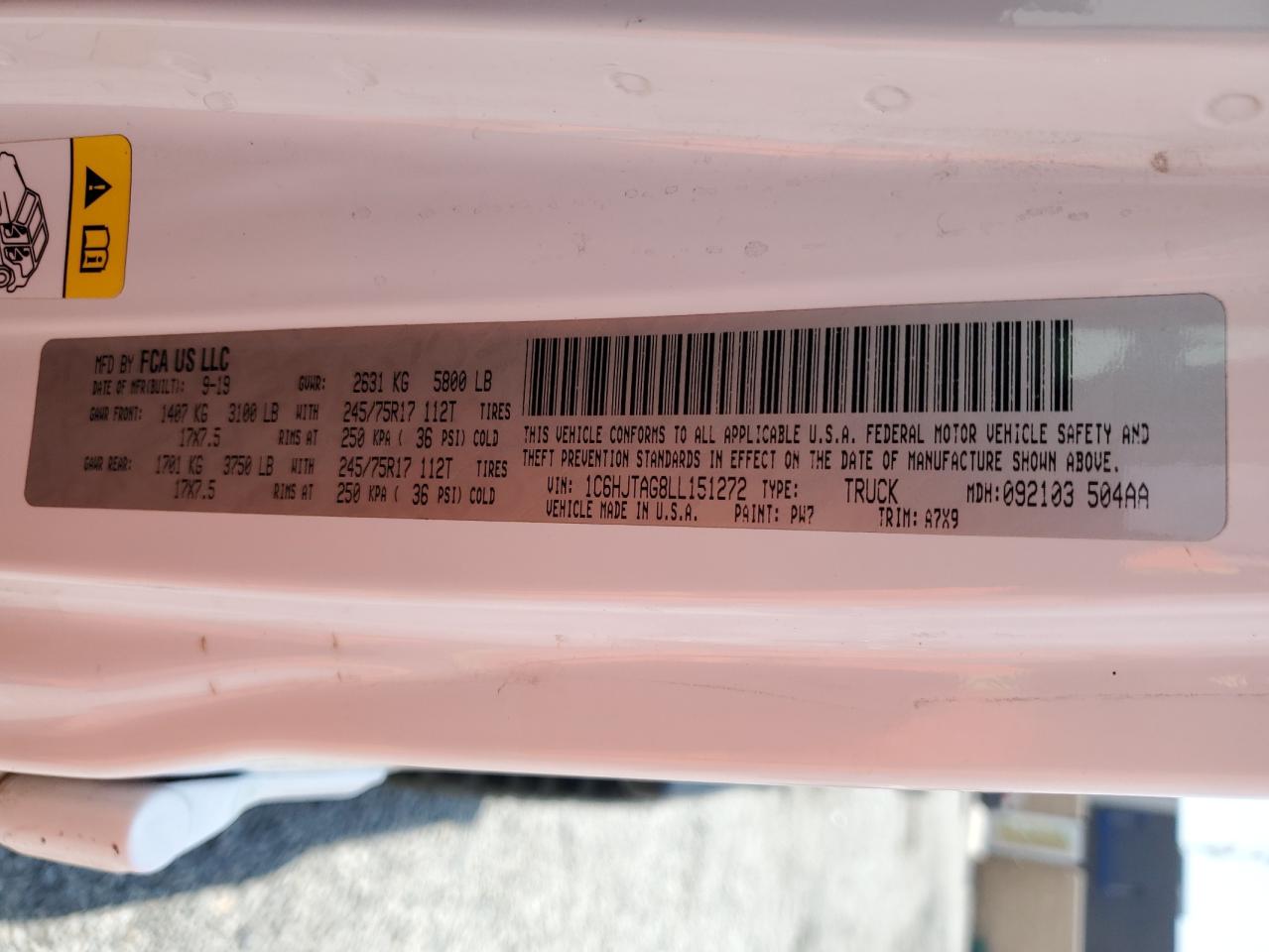 2020 Jeep Gladiator Sport VIN: 1C6HJTAG8LL151272 Lot: 55477595