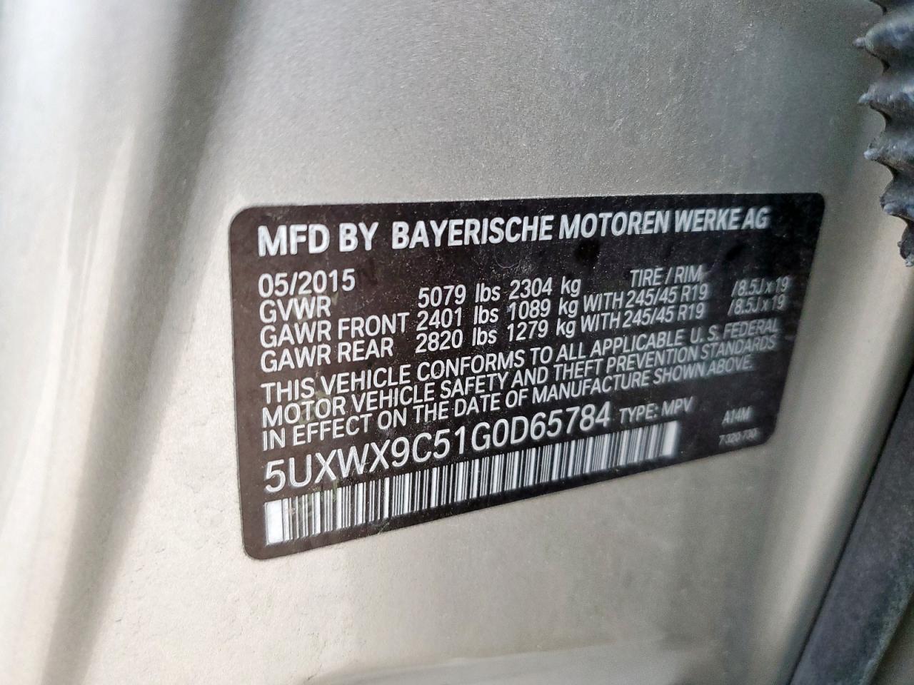 2016 BMW X3 xDrive28I VIN: 5UXWX9C51G0D65784 Lot: 58532365