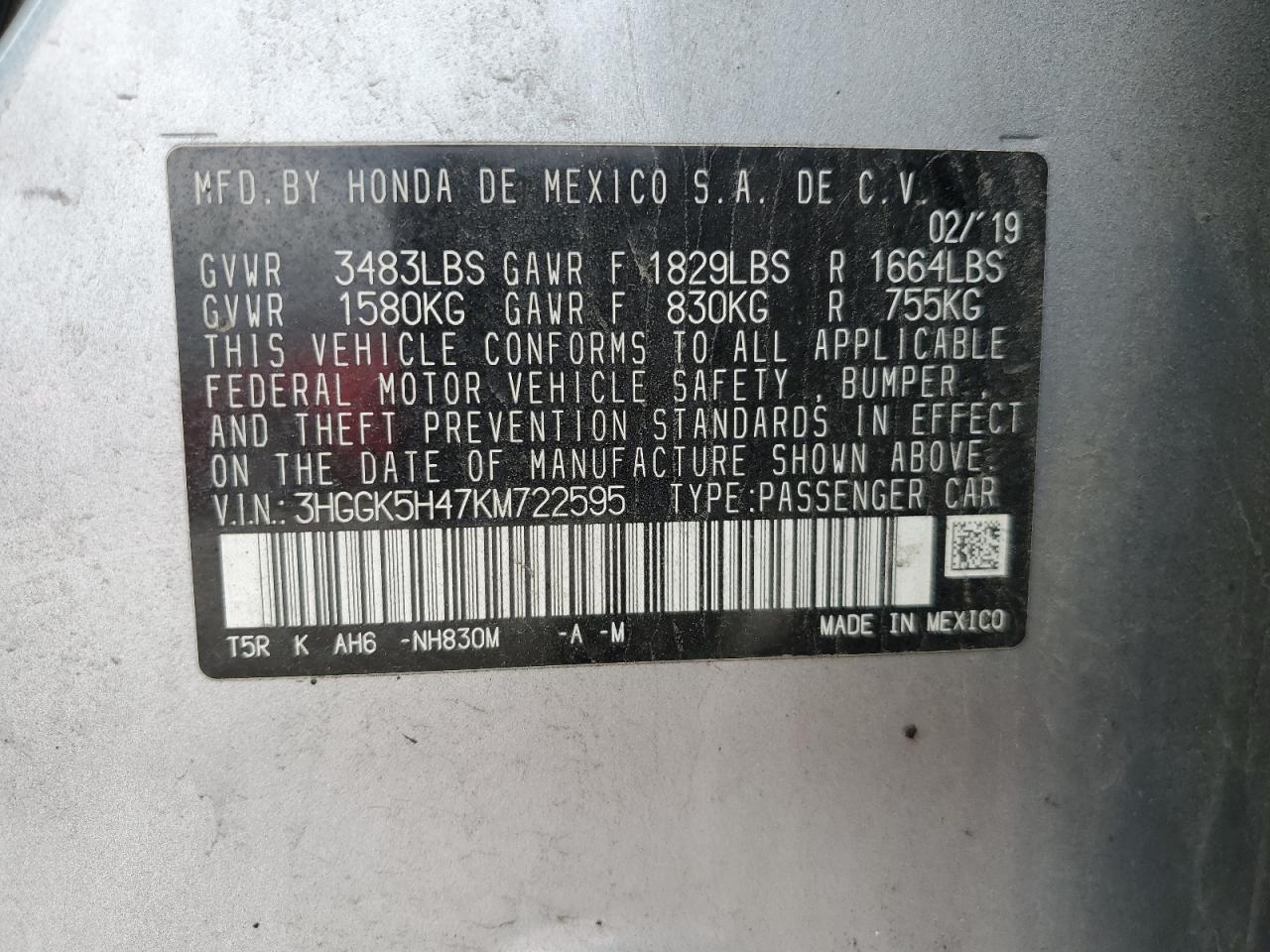 2019 Honda Fit Lx VIN: 3HGGK5H47KM722595 Lot: 56819975