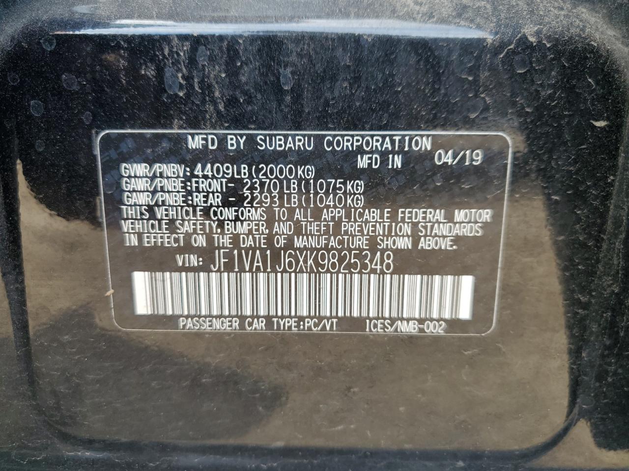 2019 Subaru Wrx Limited VIN: JF1VA1J6XK9825348 Lot: 56777235
