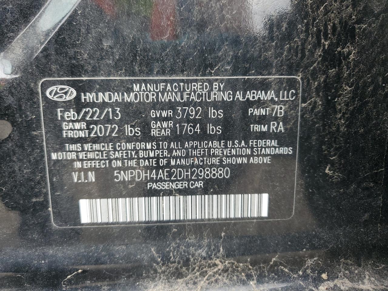 2013 Hyundai Elantra Gls VIN: 5NPDH4AE2DH298880 Lot: 57364145