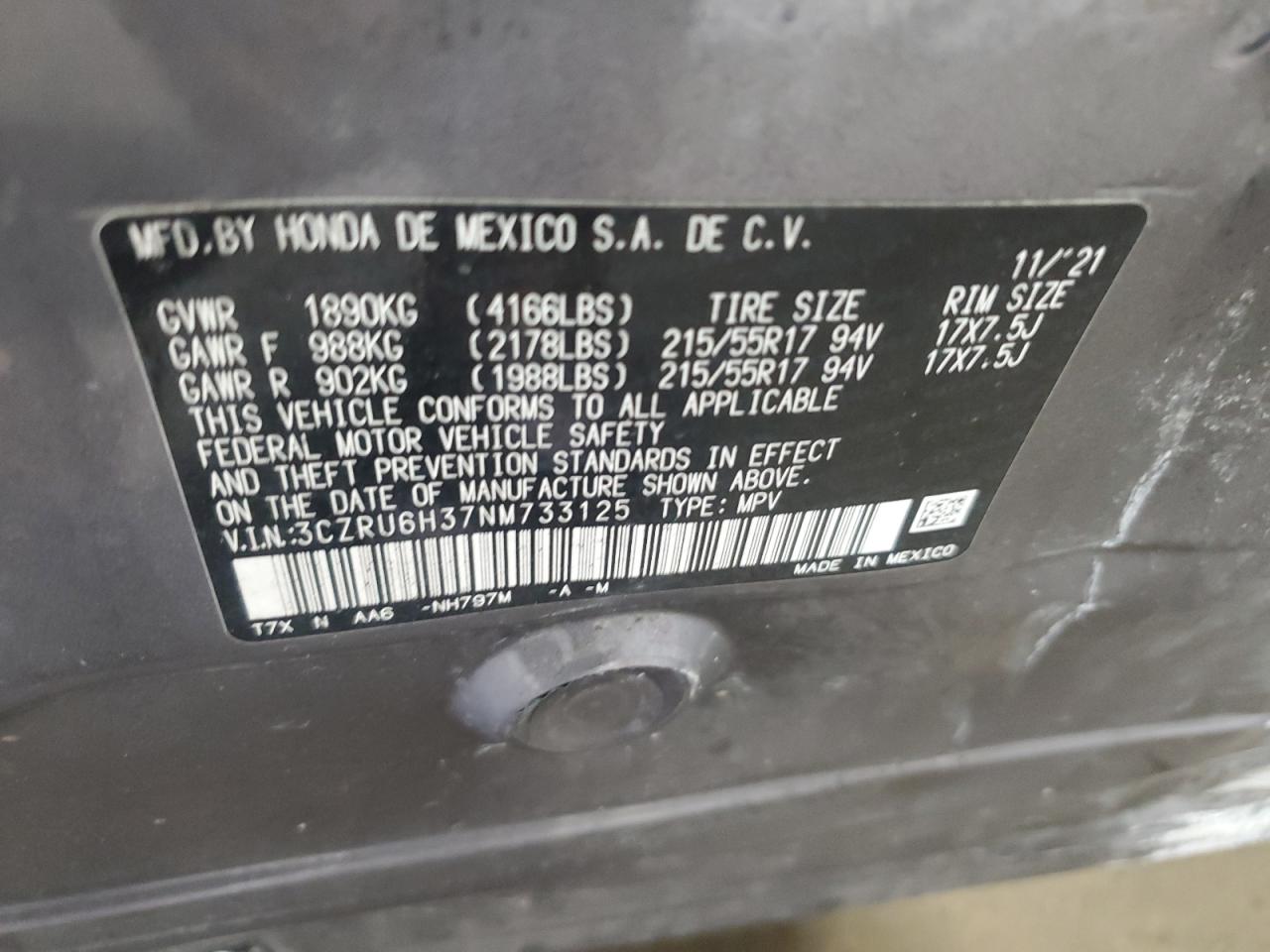 2022 Honda Hr-V Lx VIN: 3CZRU6H37NM733125 Lot: 58980225
