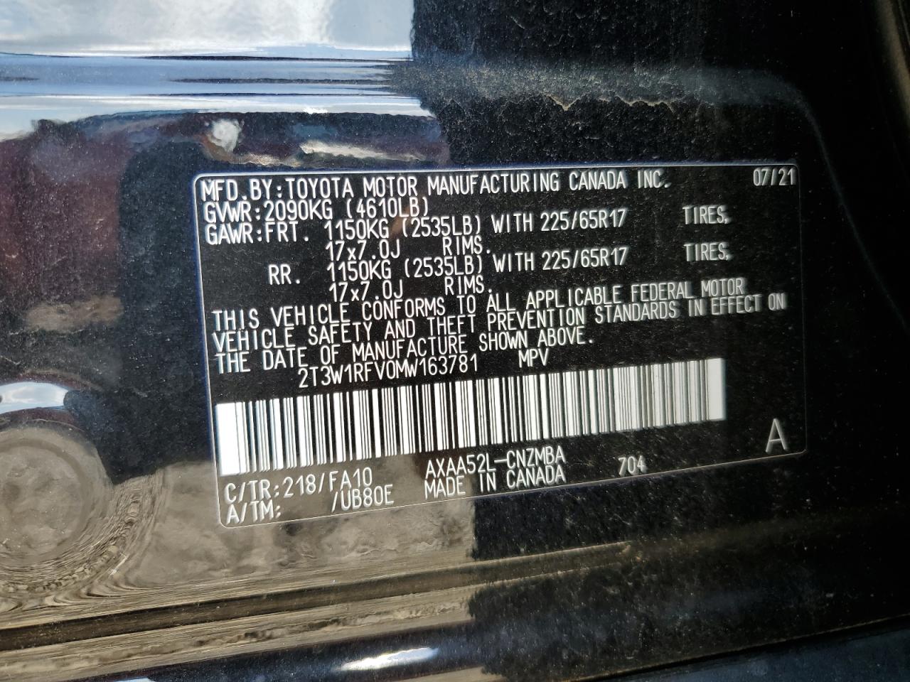 2021 Toyota Rav4 Xle VIN: 2T3W1RFV0MW163781 Lot: 56888655