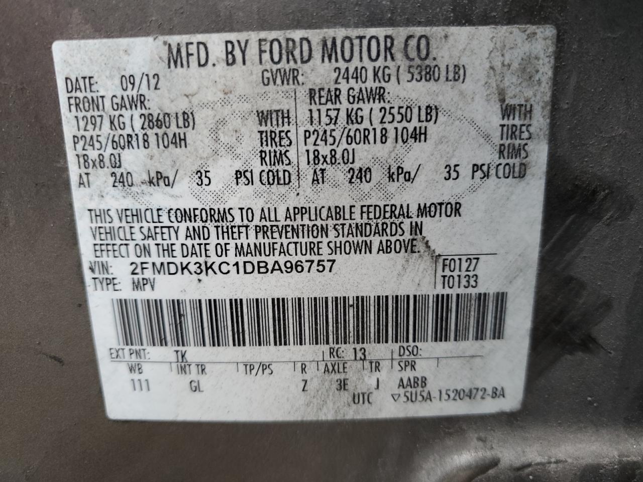 2013 Ford Edge Limited VIN: 2FMDK3KC1DBA96757 Lot: 57099295