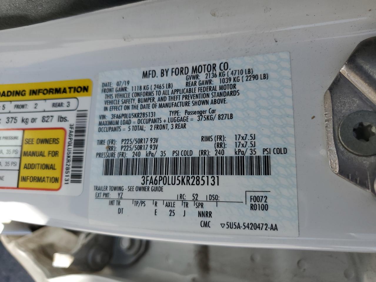 2019 Ford Fusion Se VIN: 3FA6P0LU5KR285131 Lot: 54032695