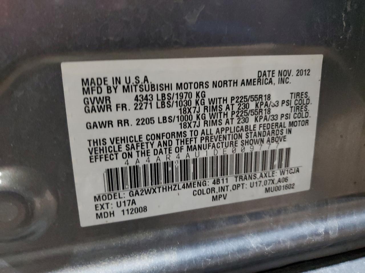 2013 Mitsubishi Outlander Sport Se VIN: 4A4AR4AU1DE009777 Lot: 57447275