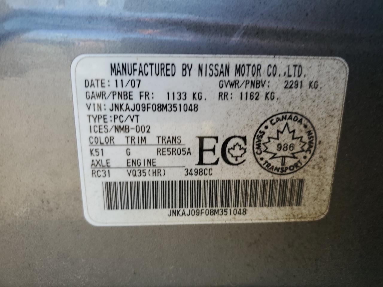 2008 Infiniti Ex35 Base VIN: JNKAJ09F08M351048 Lot: 57067625