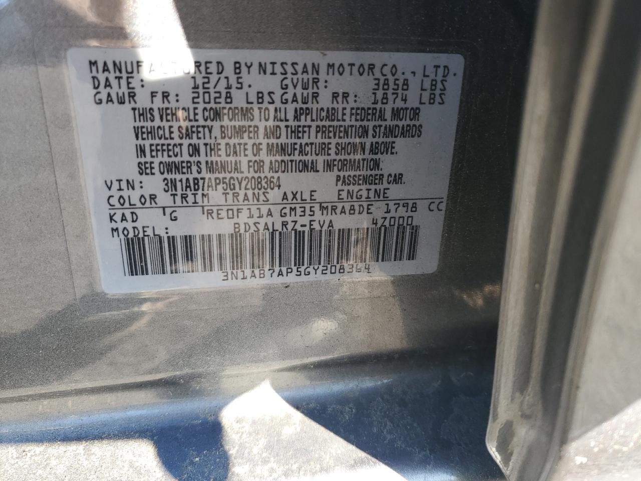 2016 Nissan Sentra S VIN: 3N1AB7AP5GY208364 Lot: 56015725
