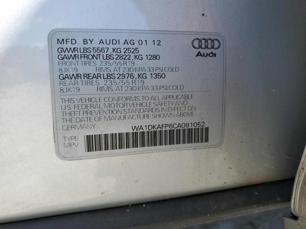 2012 Audi Q5 Premium Plus VIN: WA1DKAFP6CA081052 Lot: 56841925