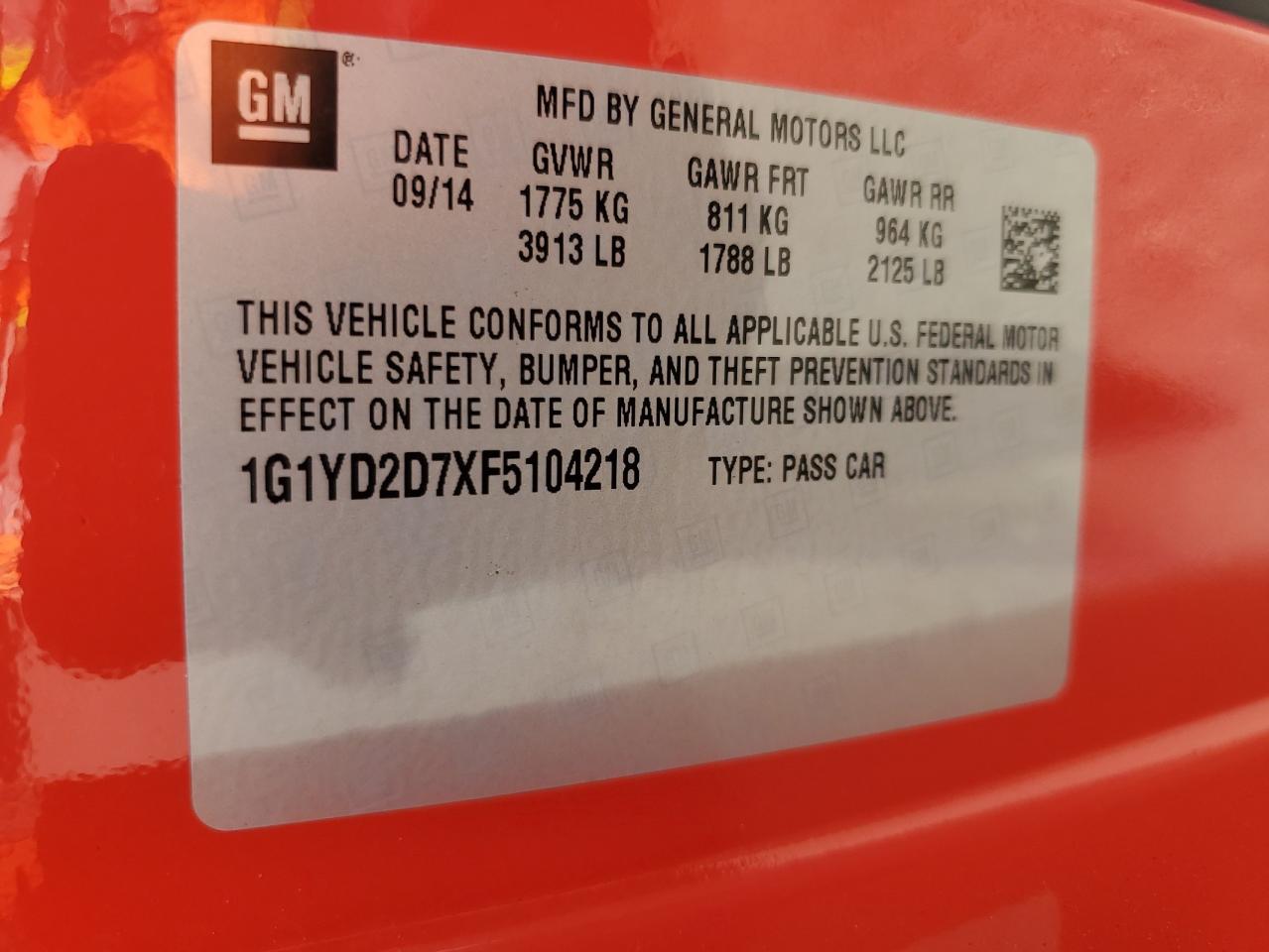 2015 Chevrolet Corvette Stingray 2Lt VIN: 1G1YD2D7XF5104218 Lot: 56056945