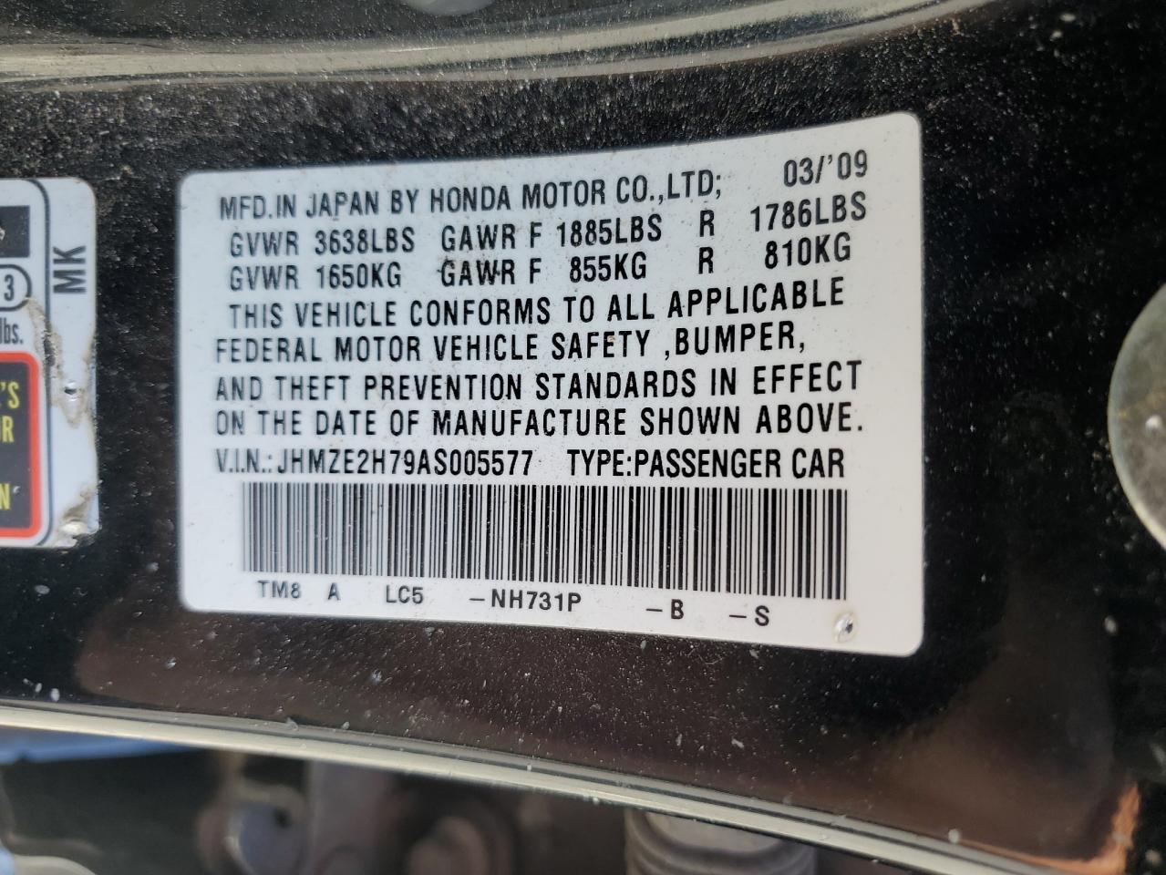 2010 Honda Insight Ex VIN: JHMZE2H79AS005577 Lot: 58304245