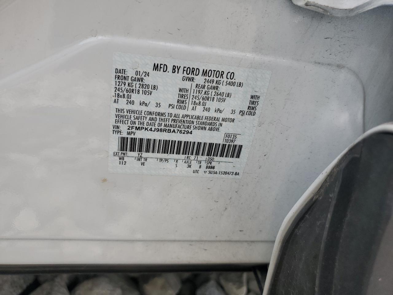 2024 Ford Edge Sel VIN: 2FMPK4J98RBA76294 Lot: 55564795
