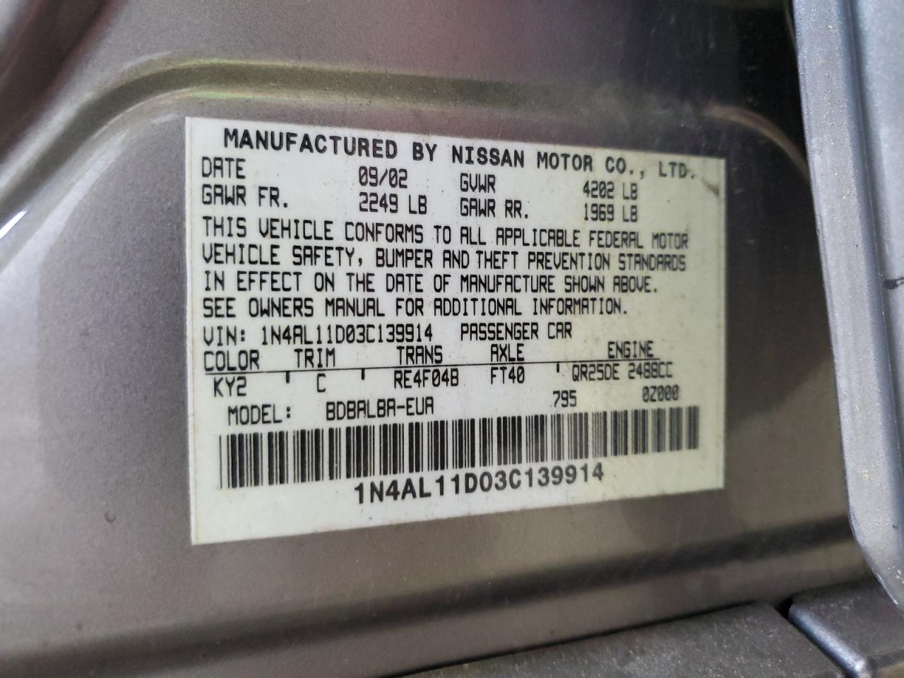 2003 Nissan Altima Base VIN: 1N4AL11D03C139914 Lot: 56913315