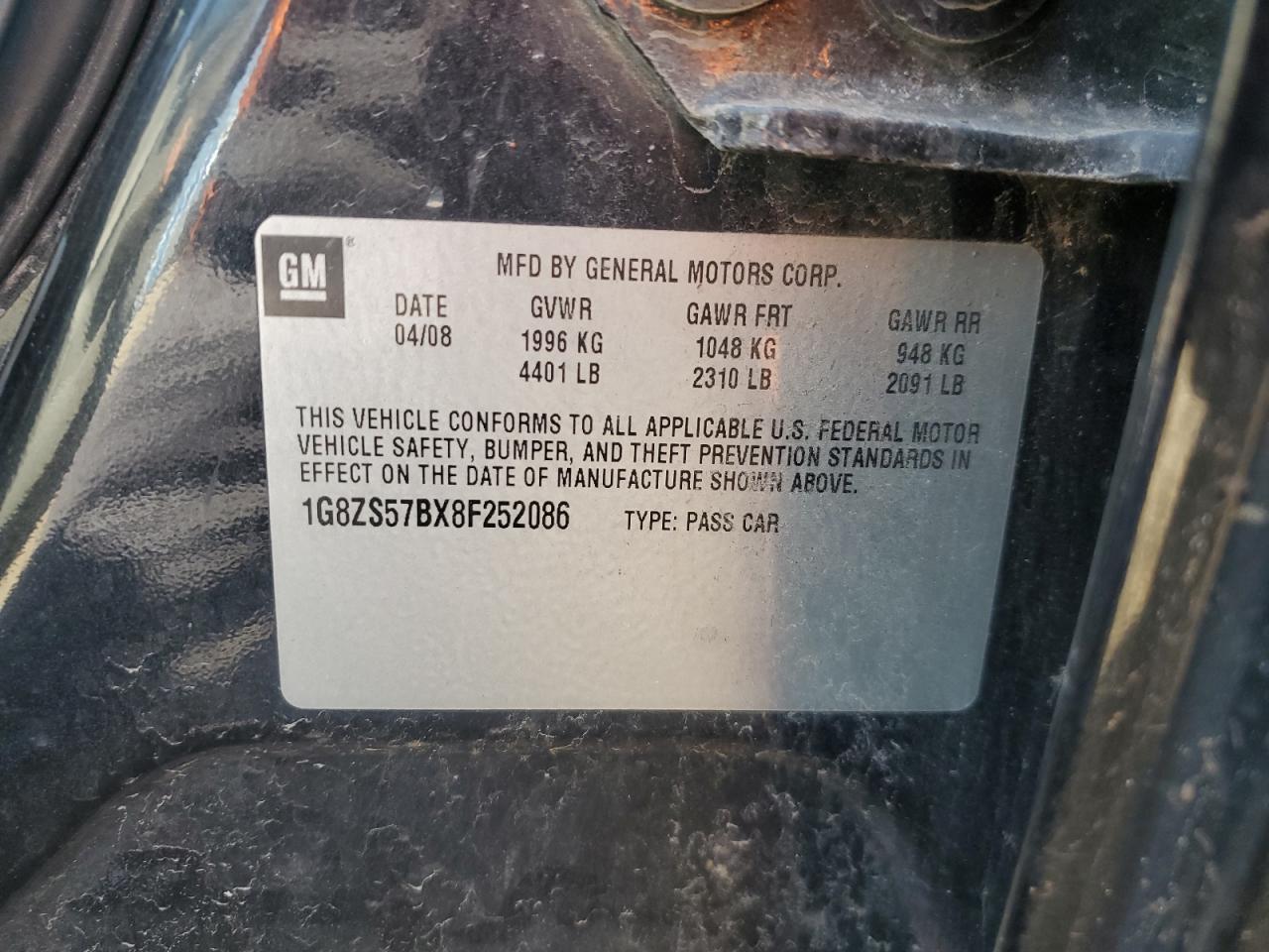2008 Saturn Aura Xe VIN: 1G8ZS57BX8F252086 Lot: 58434975