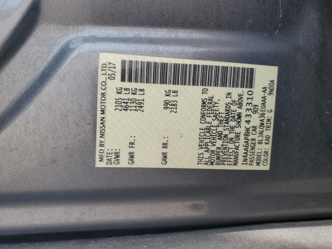 2017 Nissan Maxima 3.5S VIN: 1N4AA6AP8HC433310 Lot: 56983965