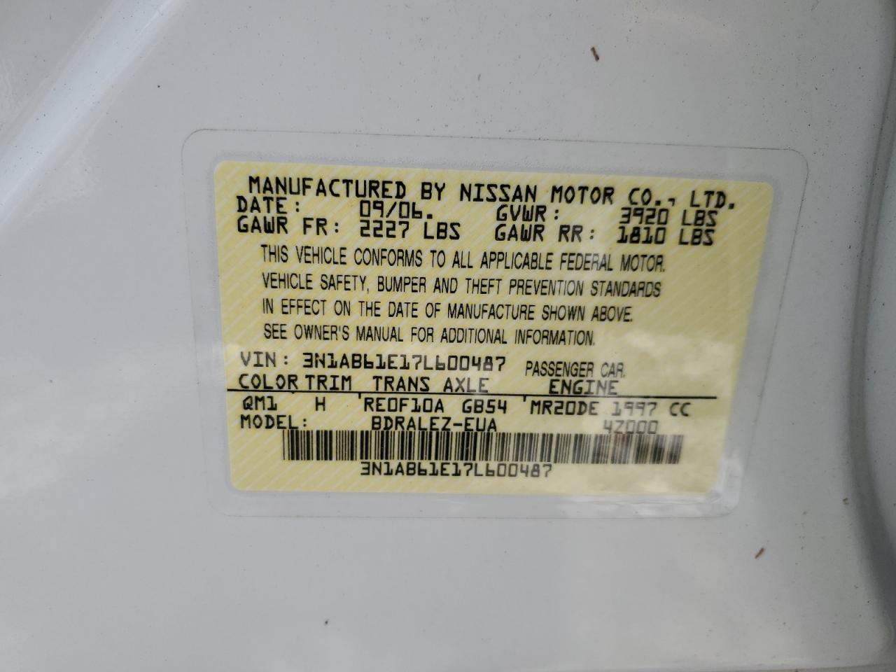 2007 Nissan Sentra 2.0 VIN: 3N1AB61E17L600487 Lot: 56457295