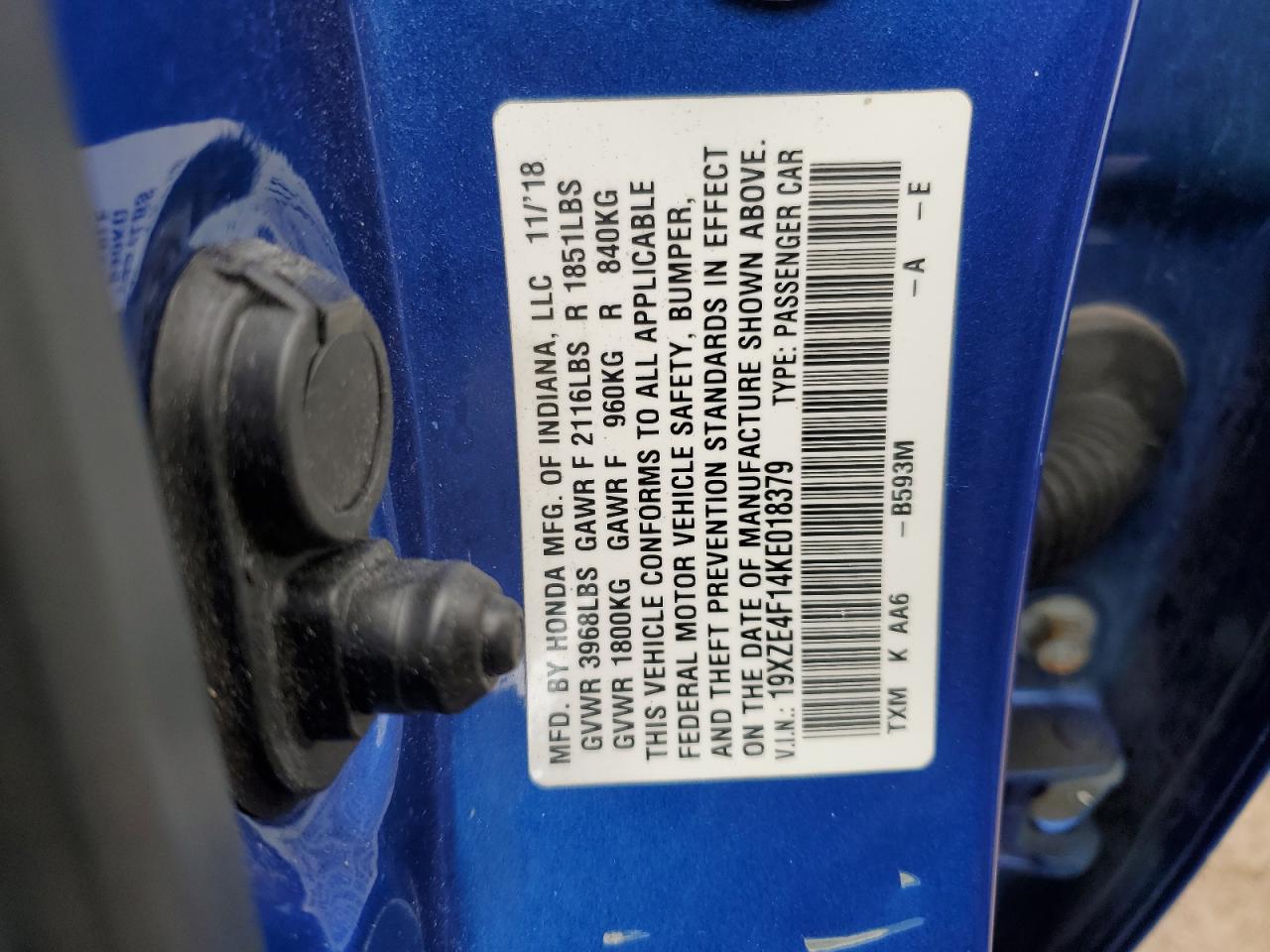 2019 Honda Insight Lx VIN: 19XZE4F14KE018379 Lot: 58366315