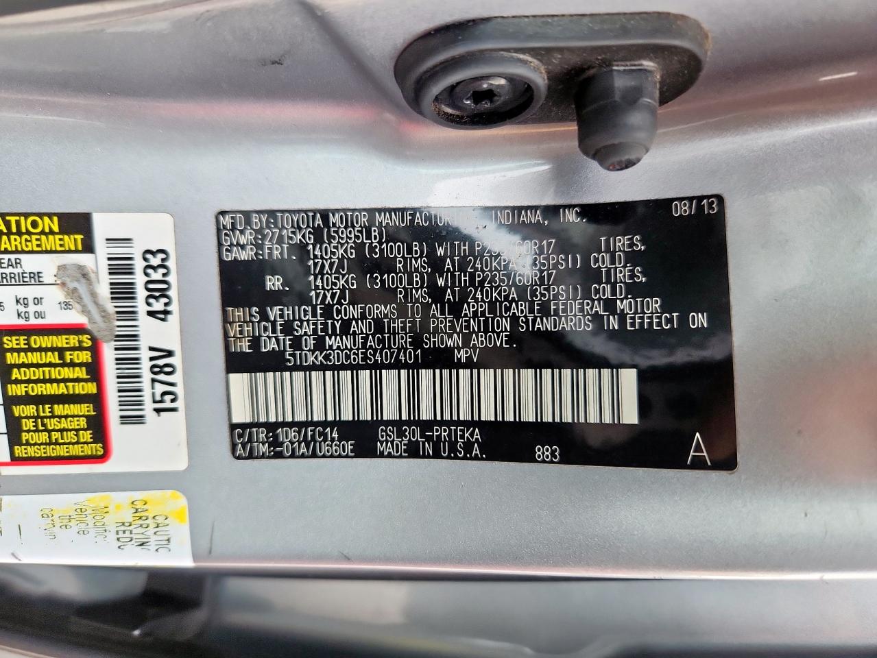 2014 Toyota Sienna Le VIN: 5TDKK3DC6ES407401 Lot: 57041895