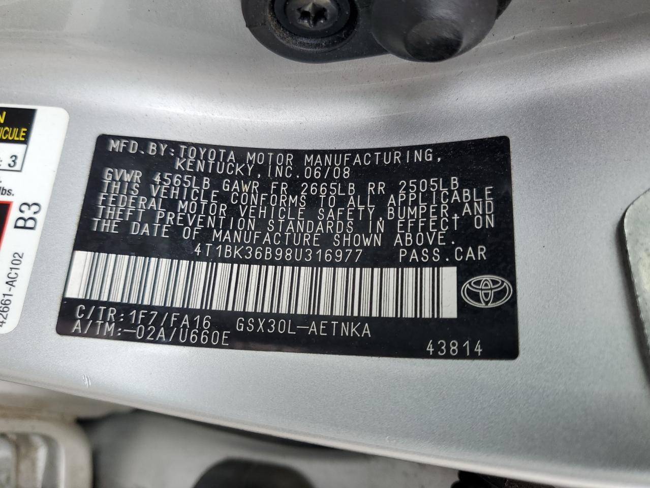 2008 Toyota Avalon Xl VIN: 4T1BK36B98U316977 Lot: 55818835