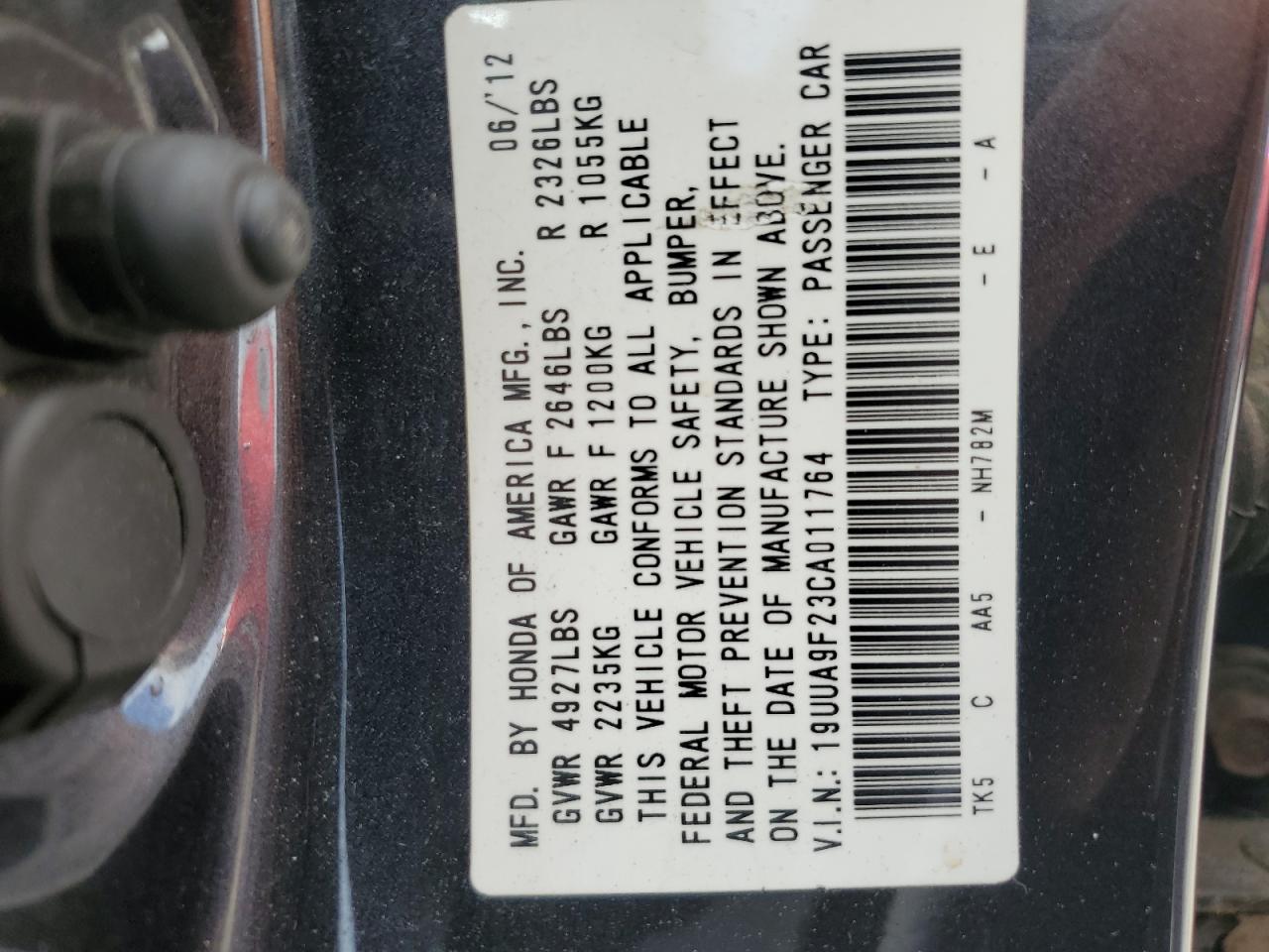 2012 Acura Tl VIN: 19UUA9F23CA011764 Lot: 57108085